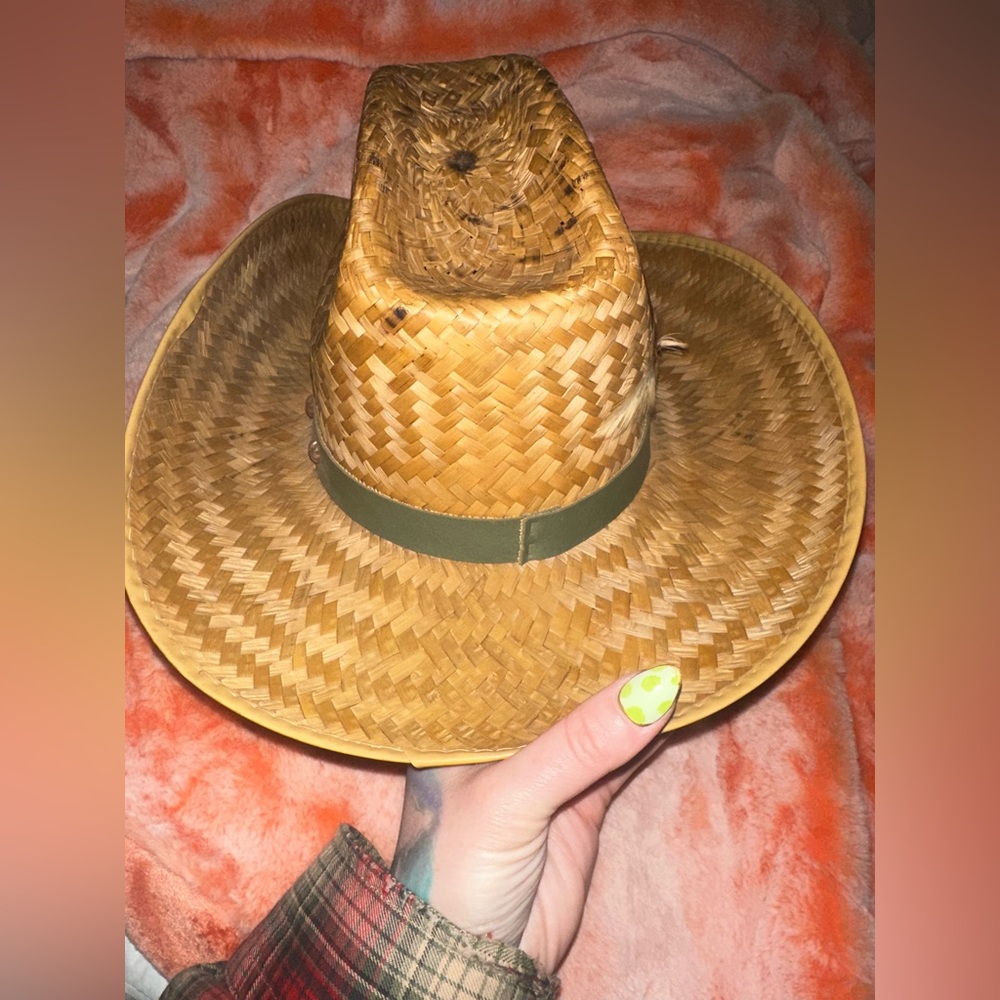 Hand Woven Straw Cowboy Hat Green Leather Band Featuring Feathers - Picture 6 of 15